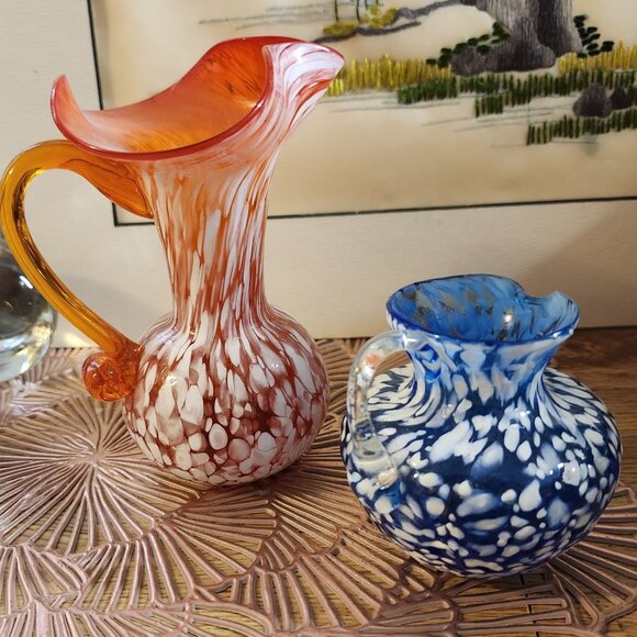 Blown Glass Orange Blue White Speckle Pitcher Vases Rainbow Glass - Picture 10 of 11
